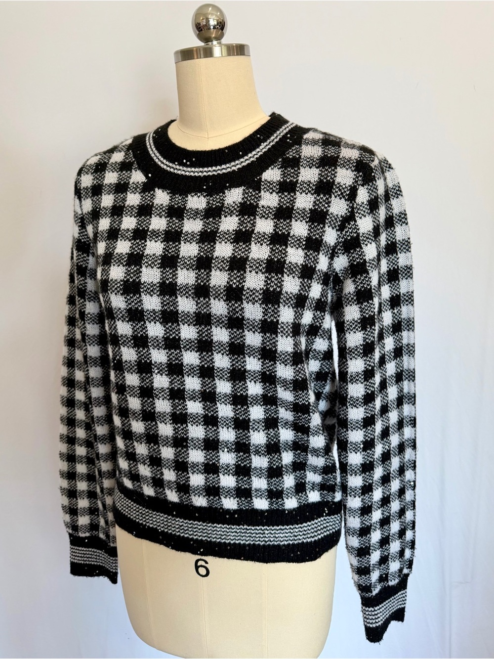 Karl Lagerfeld Womens Black White Plaid Sparkle Detail Pullover Sweater Size M